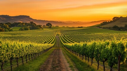 Fototapeta premium Lush vineyard rows under a warm orange sunset casting golden hues over the sprawling landscape
