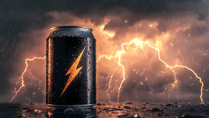 Storm Surge: An energy drink can rests amidst a dramatic storm with lightning streaking across the sky, symbolizing a burst of energy and power.