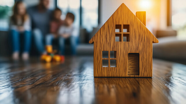wooden house model on polished floor with family in background, creating warm and inviting atmosphere