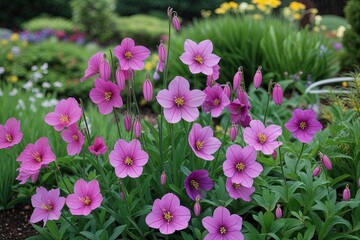 Fototapeta premium Vibrant Pink Columbines Thriving in a Beautiful Garden Setting