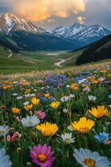 Fototapeta premium Beautiful colorful wild flowers with snow mountain in Spring.