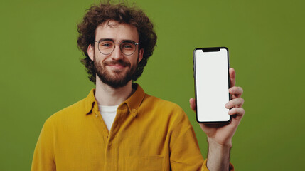 A positive man with glasses holds a cell phone in his hand with an empty white screen on a green background. Phone mockup. Online shopping. Sports betting