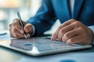 A businessman uses a digital pen to sign an electronic contract on a tablet. This represents the concept of business investment, with a focus on the selected details.