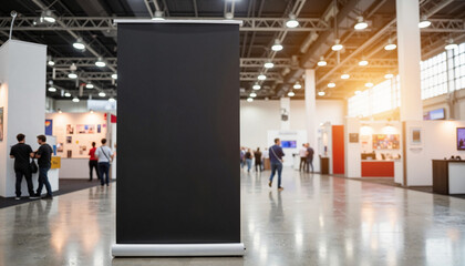 Trade show banner in open exhibition area, professional presentation, copy space