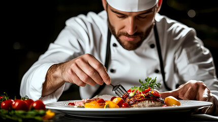 Culinary Craft: A skilled chef meticulously plates a gourmet dish, his focused expression reflecting his dedication to the art of gastronomy, his hand guiding each element of the dish