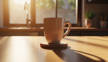 Stylish mug on cork coaster in modern kitchen, minimalist design