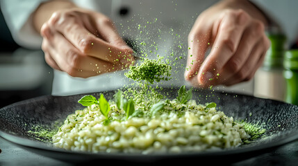 Culinary Artistry: A chef delicately garnishes a gourmet dish with a vibrant green powder, showcasing the fine art of food presentation, culinary expertise, and gastronomic delight.