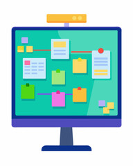 Brightly colored sticky notes covering a whiteboard displaying a mind map of features and functions for an app being designed by students in the computer lab.. Vector illustration