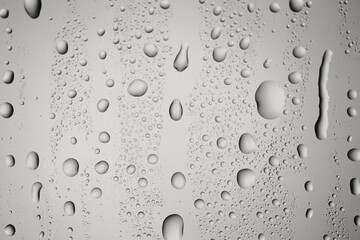 Water drops on grey glass surface, top view