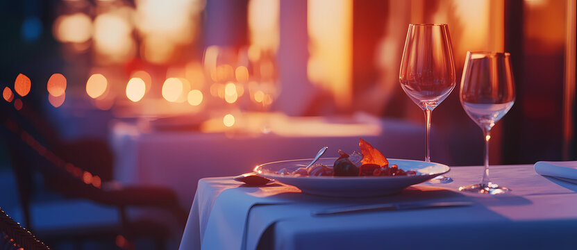 Sunset Dinner Setting: Elegant restaurant table set for a romantic sunset dinner with wine glasses, plates of food, and soft candlelight create a warm, inviting atmosphere.