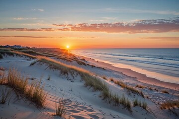 Tranquil Beach Sunset Over Sandy Dunes with Coastal Scenery and Ocean Horizon