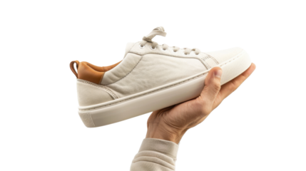 Hand holding white sneaker with brown details on transparent background