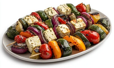 Colorful Vegetable and Cheese Skewers on a Platter for Grilling - A Vibrant and Healthy Option for Summer Barbecues, Perfectly Arranged for a Delicious Outdoor Feast.