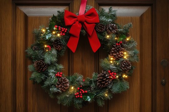Festive Wreath with Red Bow and Falling Snowflakes - Free Stock Photo ...