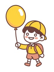 Cute cartoon schoolboy in yellow cap and outfit holding yellow balloon and backpack, kawaii style character on white background, isolated design element.