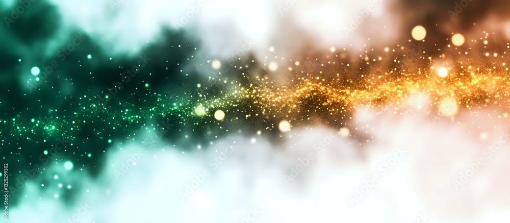 Poster Magical abstract background with glowing green and golden particles floating in misty space, creating ethereal bokeh effect and dreamy atmosphere.