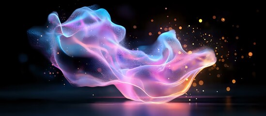 Obraz premium Abstract flowing smoke in neon pink and blue colors with glowing particles on dark background, dynamic ethereal movement creates magical atmosphere.