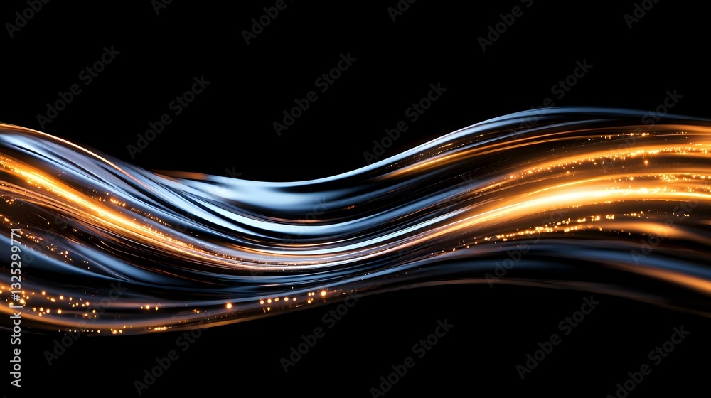 Poster glowing orange and blue wavy lines with sparkles on black background create dynamic abstract pattern