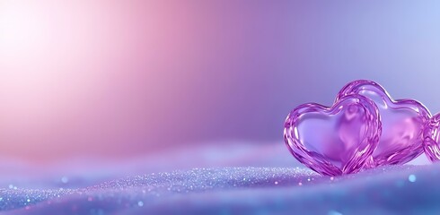 Fototapeta premium Romantic glass hearts on glittery surface with soft pink and purple bokeh background creates dreamy Valentine atmosphere for greeting cards and love concepts.