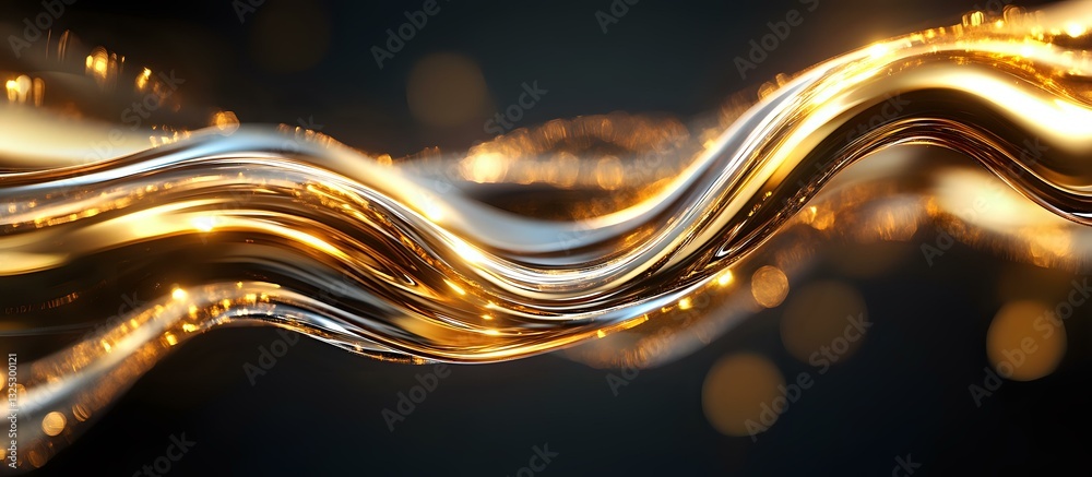 Poster luxurious golden wave with glowing particles flows on dark background creating elegant dynamic motio