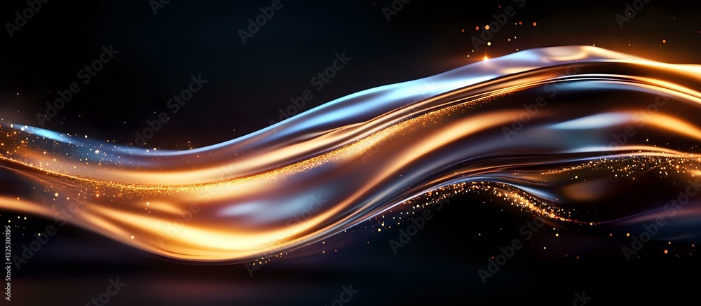 Poster luminous flowing waves of gold and blue light create dynamic motion effect against dark background w