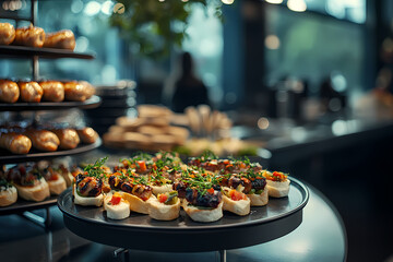 Fototapeta premium Exquisite Culinary Display: A tantalizing array of appetizers, elegantly arranged on tiered serving trays, promises a delightful culinary experience for the senses.