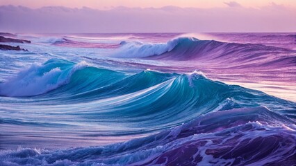 Fototapeta premium Ocean waves, vibrant turquoise water, cresting waves, purple sunset sky, dynamic water motion, translucent wave curls, dramatic seascape, ethereal ocean scenery, vivid colors, flowing water patterns, 