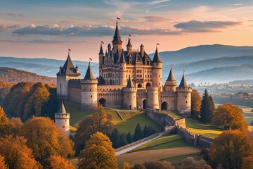 Obraz premium Stunning Historical Castle Views in a Tranquil Sky Landscape