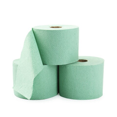 Stack of green toilet paper rolls isolated on white