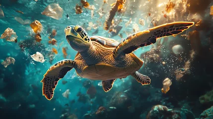 Fototapete Rund A sea turtle gracefully swims through a vibrant ocean filled with plastic debris, highlighting the challenges of marine pollution. © Jantana