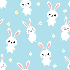 Seamless cute bunny pattern with daisy flowers on light blue background.