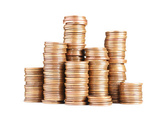 Stacks of different coins isolated on white