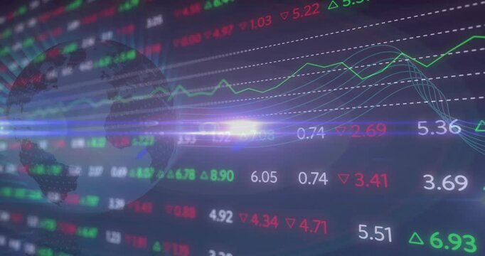 Stock market data and global financial trends animation over digital globe