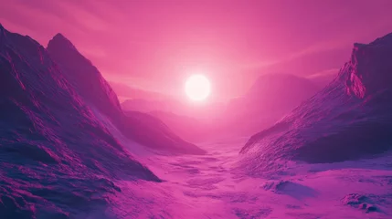 Selbstklebende Fototapeten Vibrant pink sky and mountains surrounded by an otherworldly landscape © Prism Trail