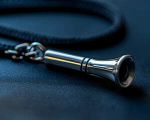 Close-up of a Shiny Metal Whistle with Black Lanyard on Dark Surface
