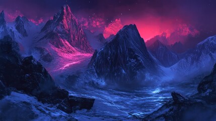 The striking mountain landscape under a colorful purple night sky
