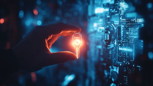 A hand holding a glowing digital key, surrounded by a futuristic technology theme, ideal for passkeys, authenticators, and modern security solution