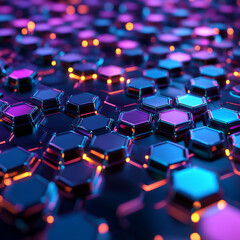 Obraz premium Close-up of metallic hexagonal shapes with warm-toned lights in a futuristic design