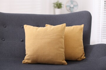 Soft decorative pillows on sofa in room