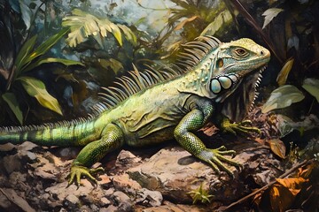 Fototapeta premium Illustration of Iguana in the tropical world, which moves majestically and nimbly on rocky ground and trees, it is a ruler among dense tropical plants