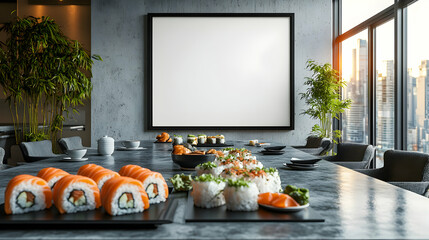 Elegant conference room featuring a blank mockup frame and sushi set