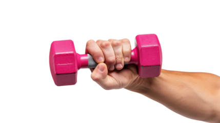 Hand holding pink dumbbell on transparent background for fitness training