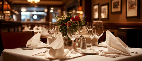 Elegant Dining: A beautifully set table in a sophisticated dining room, complete with pristine glassware, folded napkins, and a vibrant floral centerpiece, inviting to a dining experience.