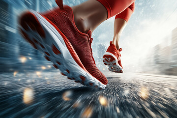 Dynamic view of human feet in sneakers sports sneakers. Ads for special shoes for fast running.