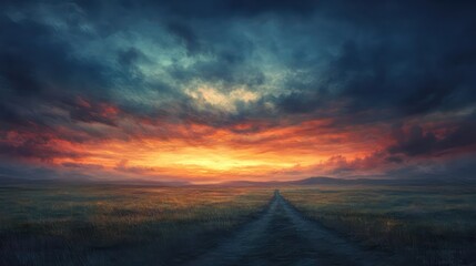 Dramatic sunset clouds illuminate a road extending over the field