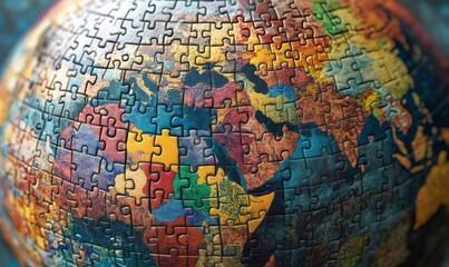 Jigsaw puzzle pieces creating a world map, highlighting global interconnectedness and problem-solving