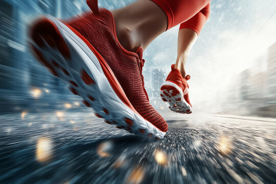 Dynamic view of human feet in sneakers sports sneakers. Ads for special shoes for fast running.