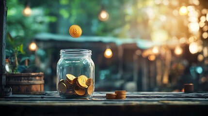 Golden Coins Falling into Glass Jar Financial Success Wealth Accumulation