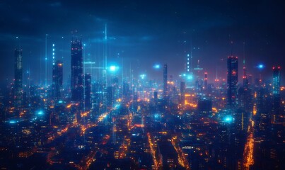 Illuminated skyscrapers exchanging data in a futuristic urban landscape