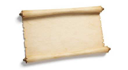 aged, unrolled paper scroll with a textured surface and frayed edges, casting a shadow on a white background.empty, space, copy, nobody, studio, light